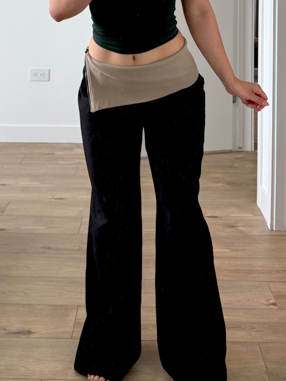 Women’s Black Boot Cut Pants with Tan Waistband